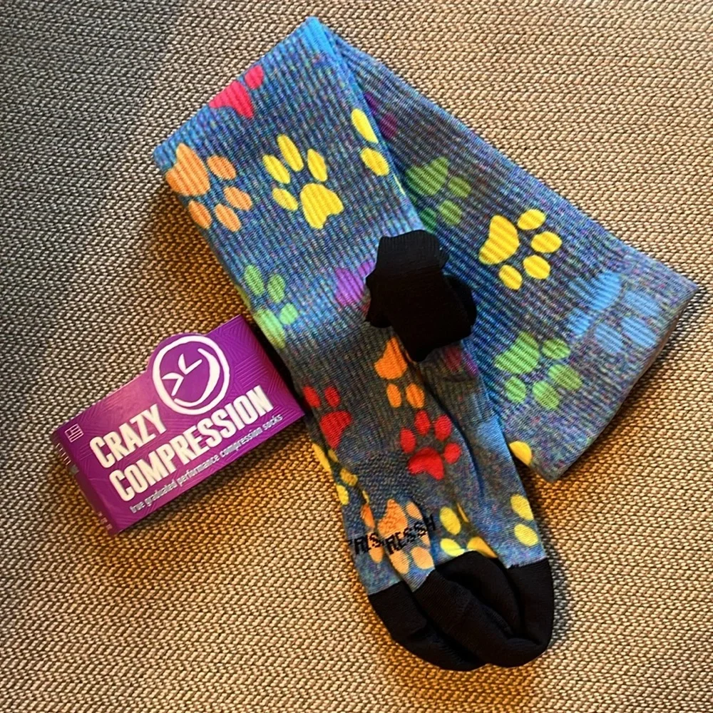 Crazy compression socks blue yellow paw print size S/M 7-10 NEW made in USA